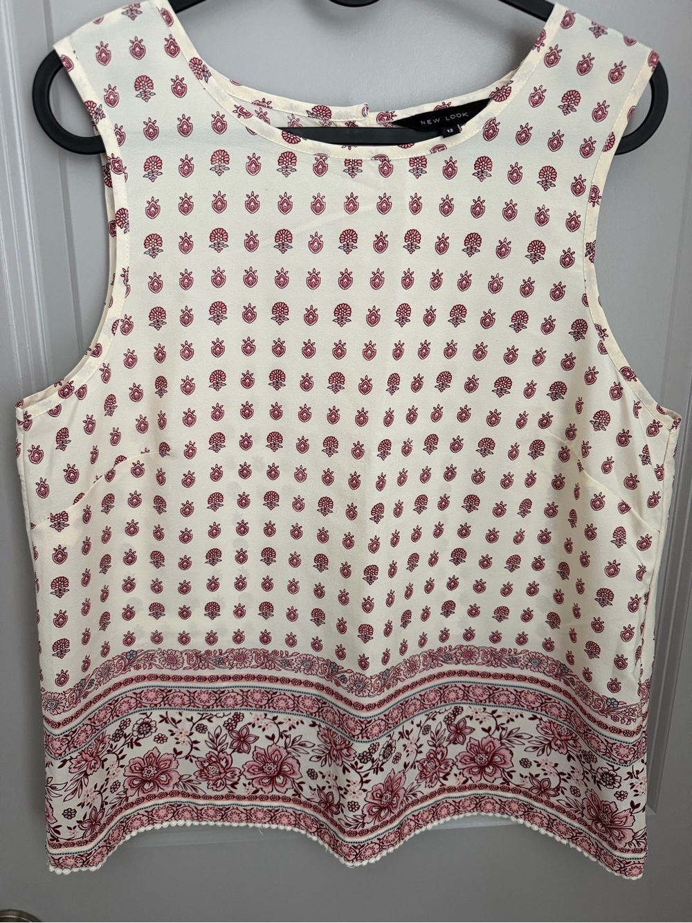 New Look Women’s Ivory/Burgundy Floral Tank Blouse Button Detail Size 8